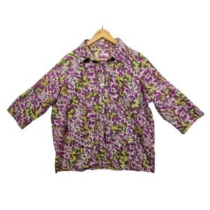 Handmade Floral Button-Up Shirt L Purple Green Boho Art Top 3/4 Sleeve Artisan